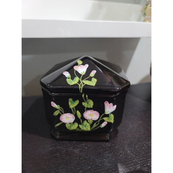 Hand Painted Black Lacquer ceramic Lidded Trinket Box w/Pink Flower green leaves - Picture 1 of 11